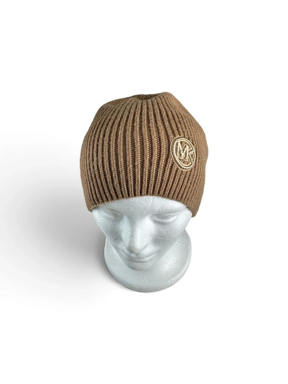 Michael Kors Camel Ribbed Knit Slouchy Beanie Tonal MK Logo NWOT